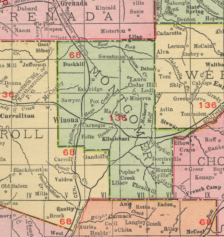 Montgomery County, Mississippi, 1911, Map, Rand McNally, Winona, Kilmichael, Duck Hill, Poplar Creek, Sweatman, Stewart, Minerva, Eskridge, Foltz, Carnegie, Hendrix, Thrailkill, Dorrisville, Sibleyton, Huntsville, Lodi