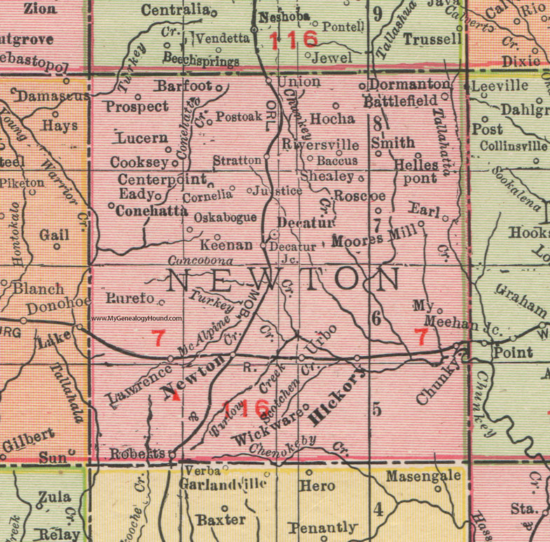 Newton County, Mississippi, 1911, Map, Rand McNally, Decatur, Newton City, Union, Hickory, Chunky, Conehatta, Lawrence, Roberts, Oskabogue, Keenan, Wickware, Urbo, Cooksey, Shealey, Baccus, Hellespont, Dormanton