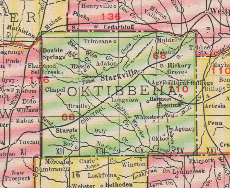 Oktibbeha County, Mississippi, 1911, Map, Rand McNally, Starkville, Maben, Sturgis, Longview, Adaton, Hassie, Oktoc, Sessums, Muldrow, Osborn, Hartness, Whitestown, Trimcane, Bradley, Double Springs