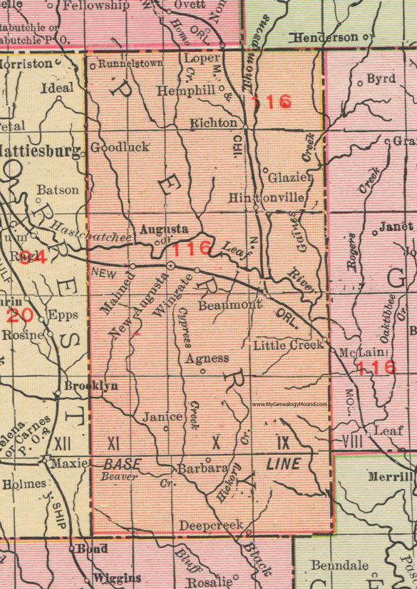 Perry County, Mississippi, 1911, Map, Rand McNally, New Augusta, Richton, Beaumont, Runnelstown, Hemphill, Glazier, Hintonville, Mahned, Agness, Wingate, Little Creek, Janice, Deep Creek, Barbara