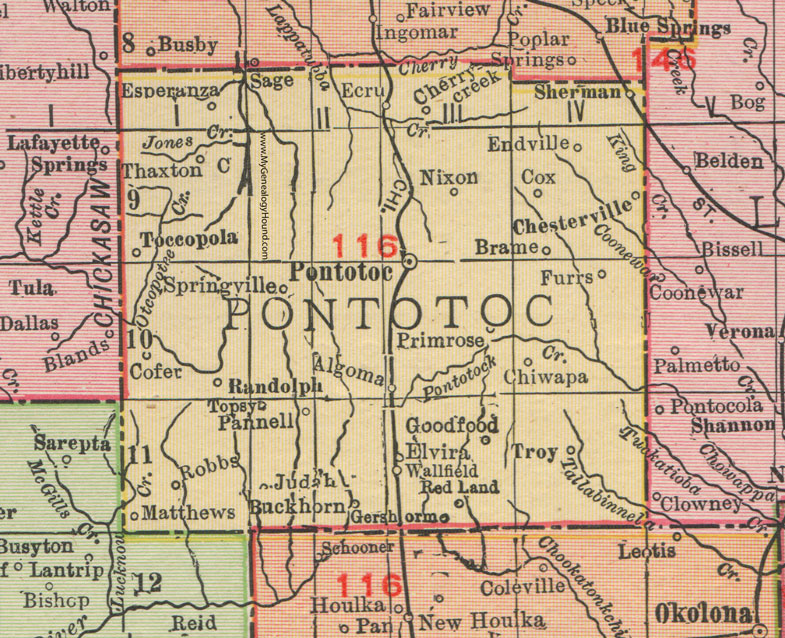 Pontotoc County, Mississippi, 1911, Map, Rand McNally, Pontotoc City, Ecru, Sherman, Algoma, Troy, Springville, Randolph, Toccopola, Thaxton, Gershorm, Topsy, Endville, Brame, Esperanza, Cofer, Pannell, Chiwapa, Elvira