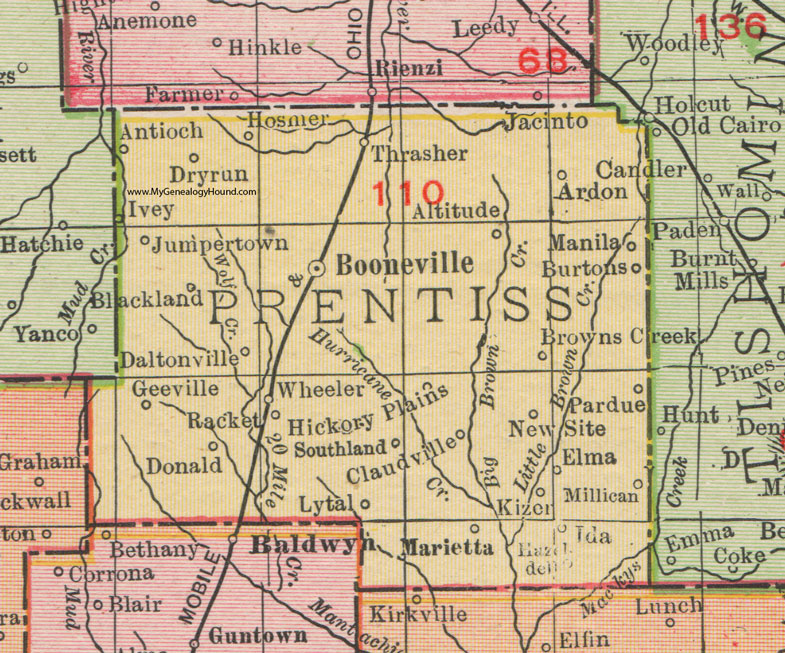 Prentiss County, Mississippi, 1911, Map, Rand McNally, Booneville, Wheeler, Geeville, Marietta, New Site, Jumpertown, Hosmer, Ardon, Thrasher, Pardue, Millican, Kizer, Claudville, Daltonville, Lytal, Southland, Manila