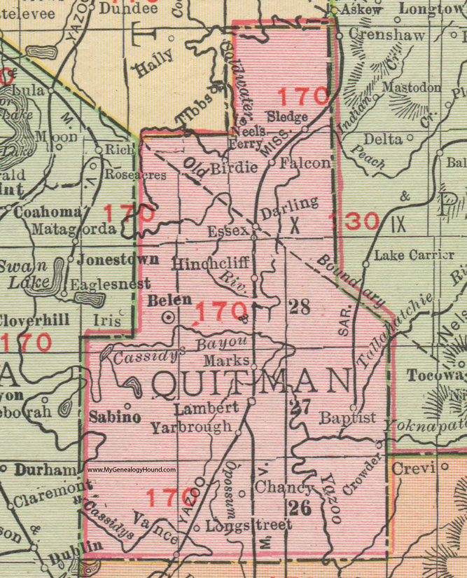 Quitman County, Mississippi, 1911, Map, Rand McNally, Marks, Lambert, Crowder, Belen, Darling, Falcon, Hinchcliff, Vance, Sledge, Birdie, Sabino, Yarbrough, Longstreet, Chancy, Baptist, Vance