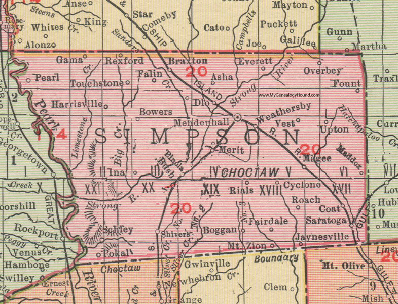 Simpson County, Mississippi, 1911, Map, Rand McNally, Mendenhall, Magee, Braxton, Pinola, Shivers, Harrisville, Weathersby, Touchstone, Rexford, Overbey, Mt. Zion, Jaynesville, Schley, Pokal, Gama, Falin, Asha, Rials, Upton