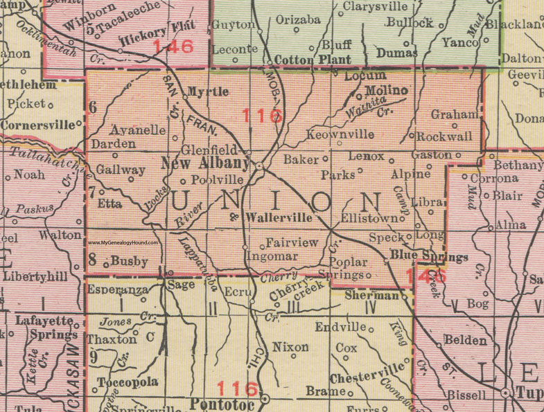 Union County, Mississippi, 1911, Map, Rand McNally, New Albany, Myrtle, Blue Springs, Wallerville, Ingomar, Etta, Ingomar, Keownville, Molino, Locum, Gaston, Busby, Avanelle, Darden, Gallway, Poolville, Lenox, Poplar Springs