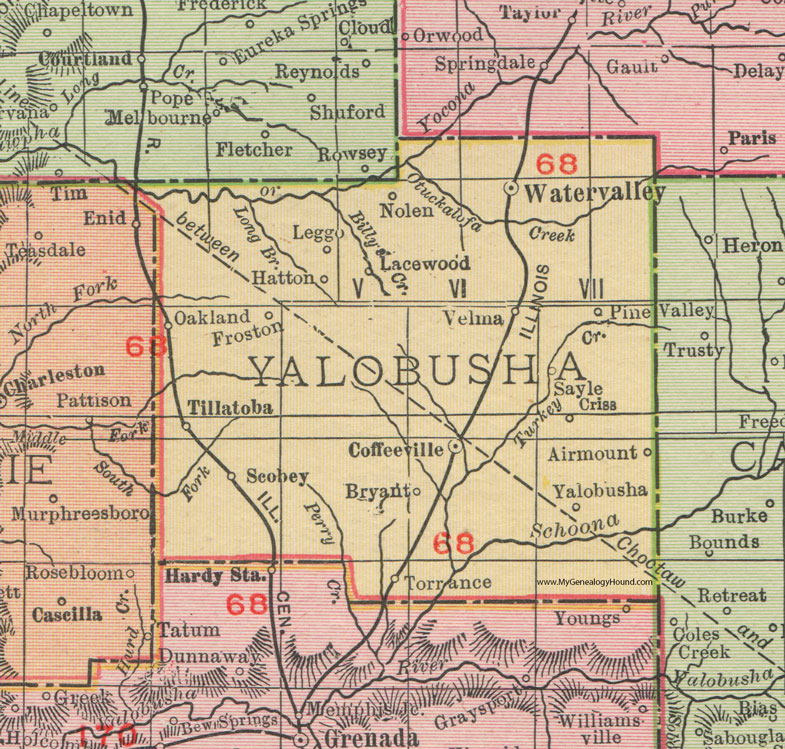 Yalobusha County, Mississippi, 1911, Map, Rand McNally, Water Valley, Coffeeville, Oakland, Tillatoba, Scobey, Velma, Leggo, Hatton, Nolen, Lacewood, Sayle, Airmount, Yalobusha City, Torrance, Froston, Velma