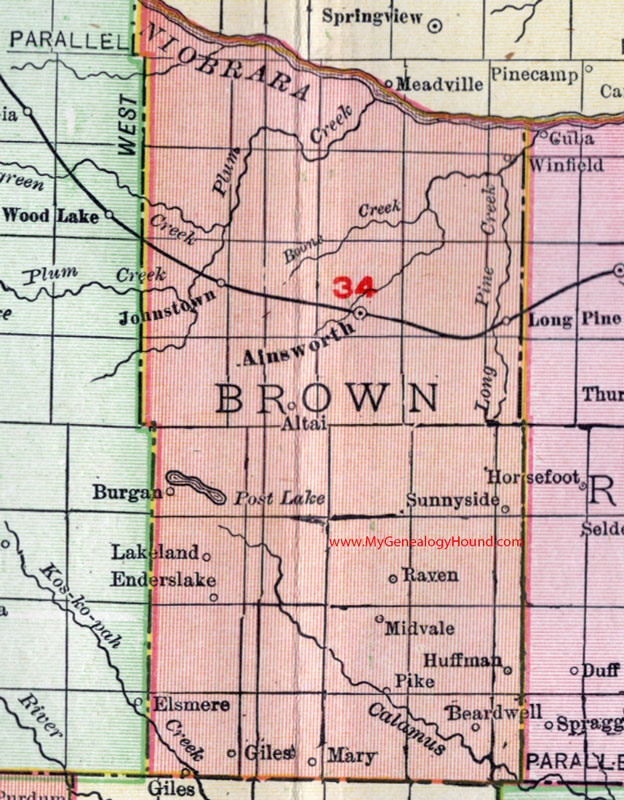 Brown County, Nebraska, 1912, map, Ainsworth, Long Pine, Johnstown, Raven, Huffman, Beardwell, Giles, Winfield, Sunnyside, Burgan