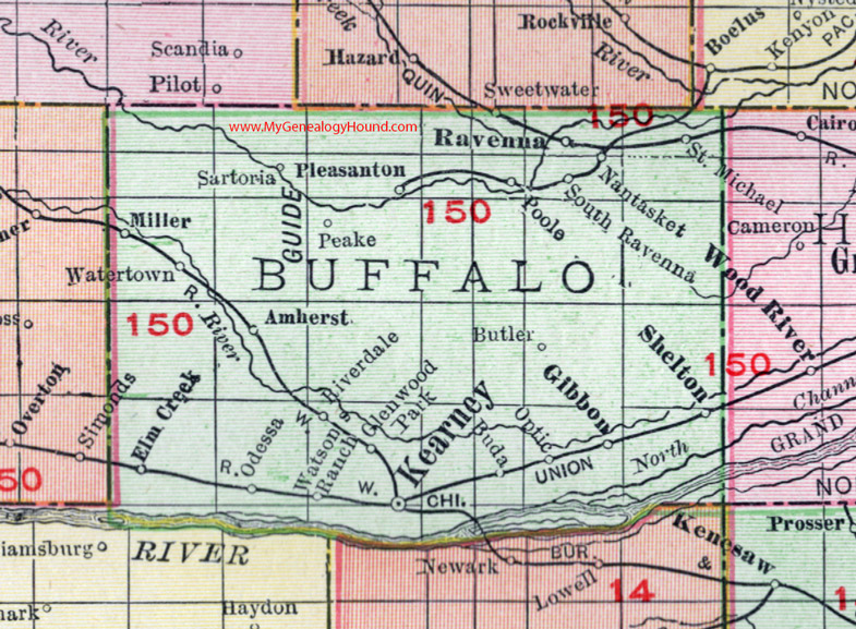 Buffalo County, Nebraska 1912 map, Kearney, Ravenna, Gibbon, Shelton, Miller, Buda, Elm Creek, Odessa, Riverdale, Amherst, Pleasanton, poole, Sartoria, NE