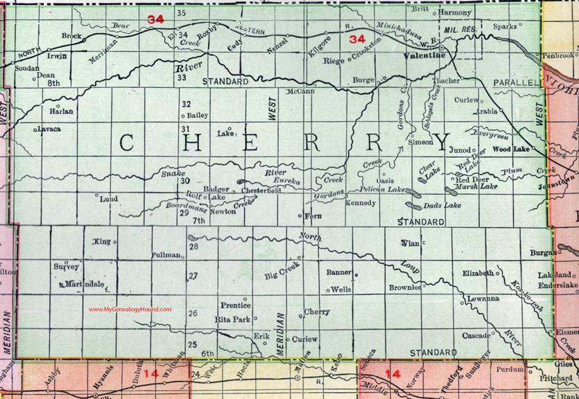 Cherry County, Nebraska, map, 1912, Valentine, Elsmere, Brownlee, Sparks, Arabia, Wood Lake, Crookston, Kilgore, Nenzel, Kennedy, Merriman, Cody