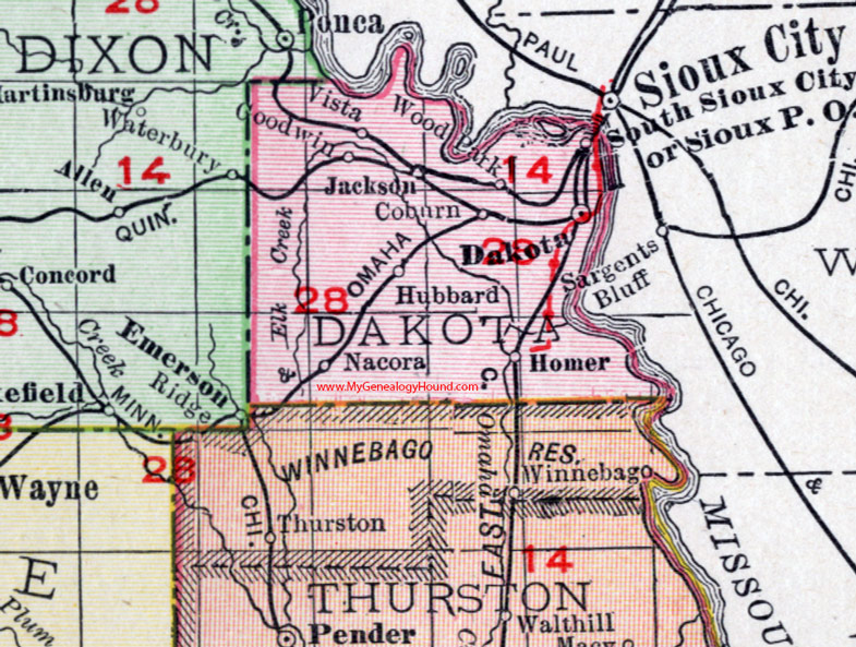 Dakota County, Nebraska, map, 1912, Dakota City, Jackson, South Sioux City, Homer, Hubbard, Colburn, Vista, Goodwin, Wood Park, Nacora