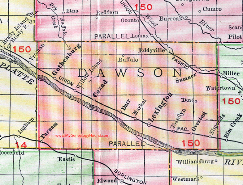 Dawson County, Nebraska, map, 1912, Lexington, Gothenburg, Cozad, Eddyville, Willow Island, Farnam, Overton, Sumner, Darr, Buffalo, Josselyn, Markel, Simonds