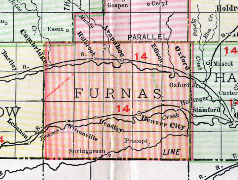 Furnas County, Nebraska, map, 1912, Beaver City, Cambridge, Arapahoe, Oxford, Hendley, Wilsonville, Edison, Holbrook, Hollinger, Precept, Spring Green