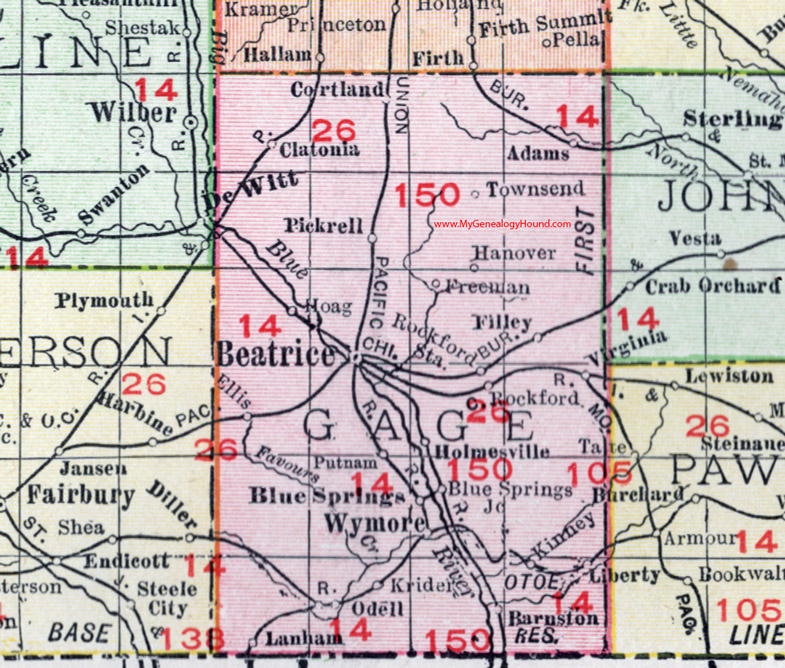 Gage County, Nebraska, map, 1912, Beatrice, Wymore, Blue Springs, Holmesville, Lanham, Barnston, Filley, Adams, Cortland, Pickrell, Clatonia, Odell, Virginia, Liberty
