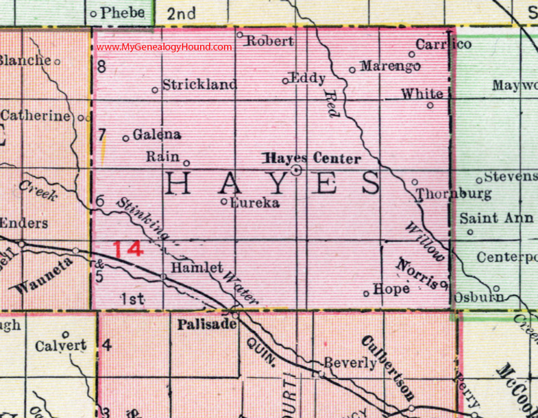 Hayes County, Nebraska, map, 1912, Hayes Center, Hamlet, Marengo, Strickland, Thornburg, Norris, Carrico, Galena, Hope, Eureka, White, Robert, Eddy, Rain
