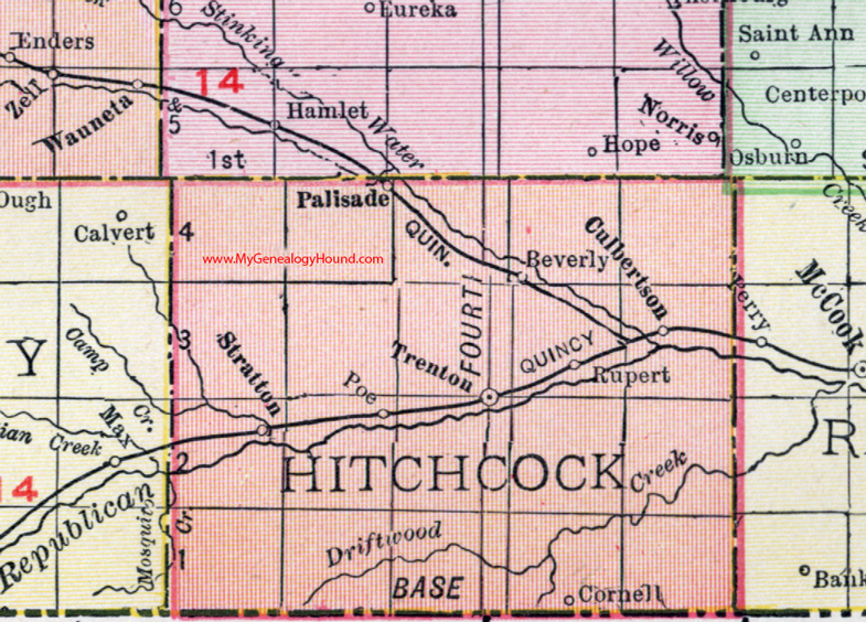 Hitchcock County, Nebraska, map, 1912, Trenton, Stratton, Culbertson, Palisade, Cornell, Rupert, Beverly, Poe