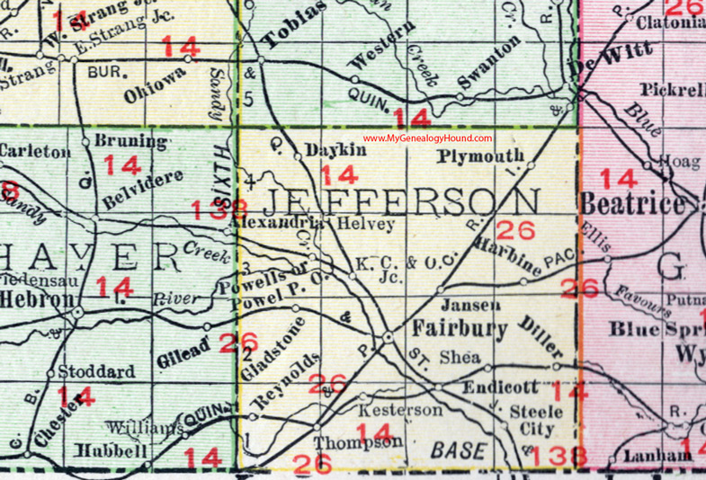Jefferson County, Nebraska, map, 1912, Fairbury, Reynolds, Endicott, Steele City, Diller, Jansen, Harbine, Plymouth, Daykin, Powell, Gladstone, Kesterson