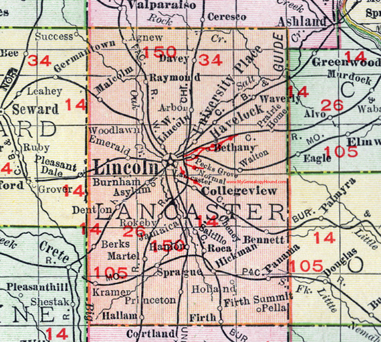 Lancaster County, Nebraska, map, 1912, Lincoln, University Place, Havelock, College View, West Lincoln, Hickman, Waverly, Raymond, Davey, Malcolm, Bennett, Panama, Hallam