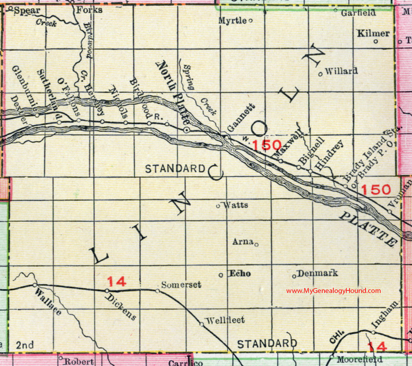 Lincoln County, Nebraska, map, 1912, North Platte, Sutherland, Hershey, Maxwell, Brady, Wallace, Dickens, Wellfleet, Vroman, Bignell, Birdwood, Kilmer, Denmark
