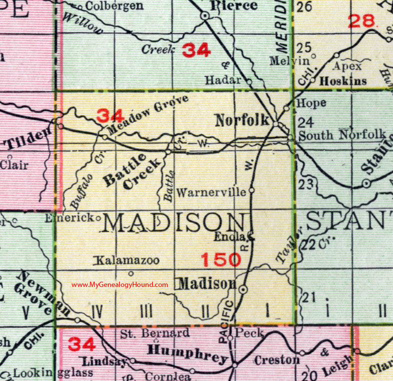 Madison County, Nebraska, map, 1912, Madison City, Norfolk, Battle Creek, Tilden, Meadow Grove, Newman Grove, Enola, Kalamazoo, Emerick, Warnerville, Hope, South Norfolk