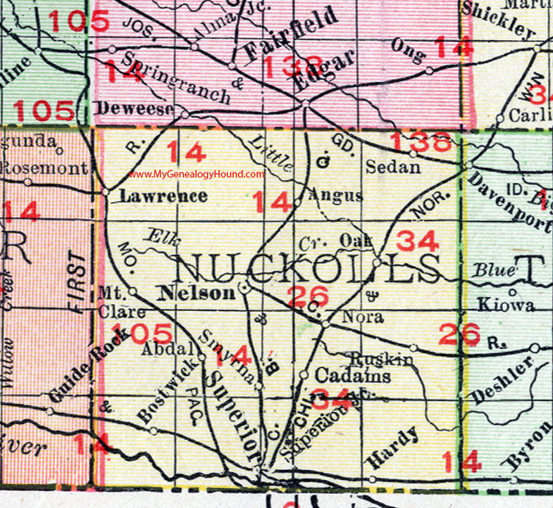Nuckolls County, Nebraska, map, 1912, Nelson, Superior, Lawrence, Hardy, Bostwick, Angus, Oak, Ruskin, Nora, Cadams, Smyrna, Mt. Clare, Sedan