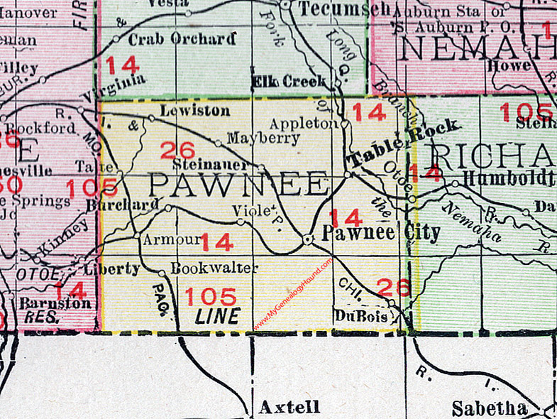 Pawnee County, Nebraska, map, 1912, Pawnee City, Table Rock, DuBois, Burchard, Lewiston, Steinauer, Appleton, Violet, Bookwalter, Armour, Tate, Mayberry