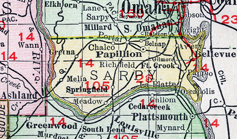 Sarpy County, Nebraska, map, 1912, Papillion, Bellevue, Springfield, Ft. Crook, Richfield, LaPlatte, Gretna, Chalco, Meadow, Gilmore, Melia, Belnap Sarpy County, Nebraska, map, 1912, Papillion, Bellevue, Springfield, Ft. Crook, Richfield, LaPlatte, Gretna, Chalco, Meadow, Gilmore, Melia, Belnap