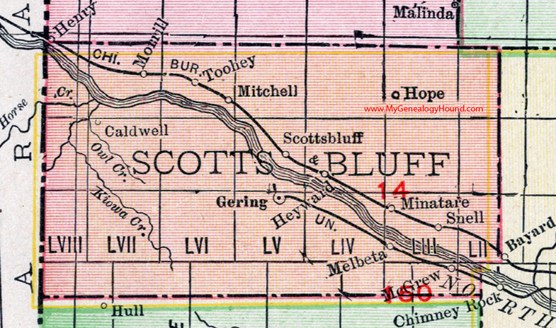 Scotts Bluff County, Nebraska, map, 1912, Gering, Mitchell, Scottsbluff, Morrill, Minatare, Melbeta, McGrew, Heyward, Snell, Toohey, Hope, Caldwell