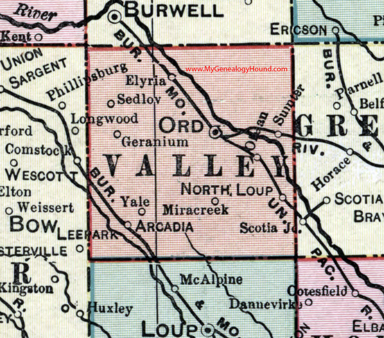 Valley County, Nebraska, map, 1911, Ord, Arcadia, North Loup, Elyria, Sumter, Olean, Sedlov, Yale, Miracreek, Geranium