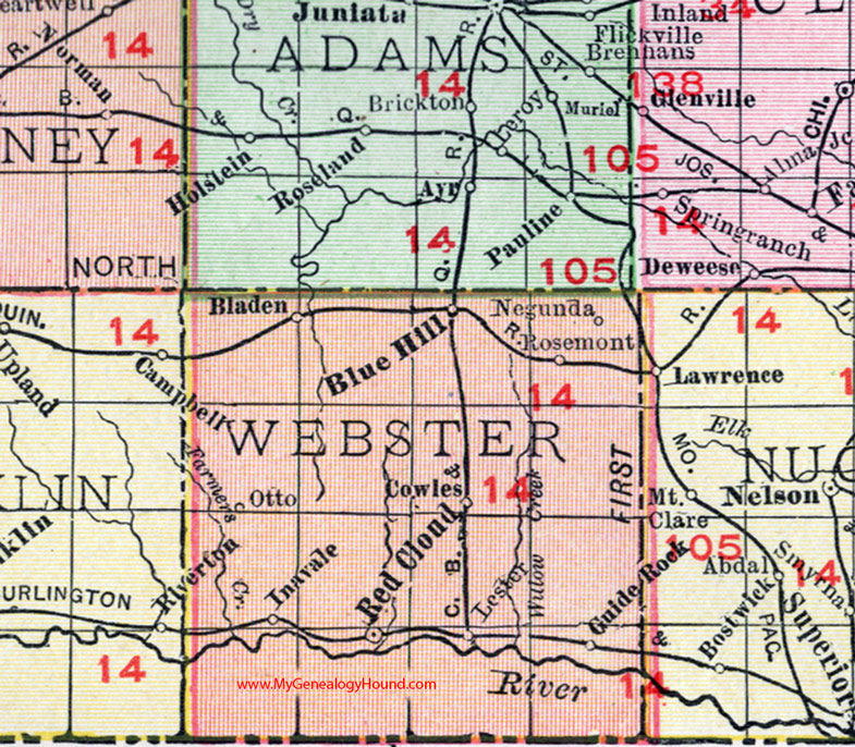 Webster County, Nebraska, map, 1912, Red Cloud, Blue Hill, Guide Rock, Bladen, Cowles, Rosemont, Inavale, Negunda, Otto, Lester