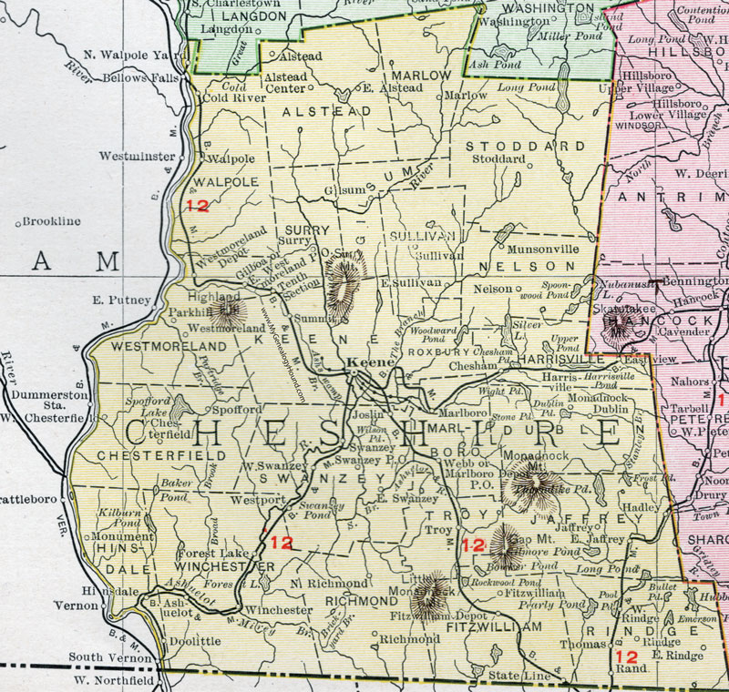 Cheshire County, New Hampshire, Map, 1912, Keene, Swanzey, Rindge, Jaffrey, Winchester, Hinsdale, Walpole, Chesterfield, Alstead, Dublin, Fitzwilliam, Marlborough, Richmond, Stoodard, Troy, Westmoreland