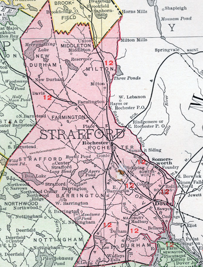 Strafford County, New Hampshire, Map, 1912, Dover, Rochester, Durham, Somersworth, Barrington, Farmington, Milton, Lee, Strafford, New Durham, Rollinsford, Middleton, Madbury