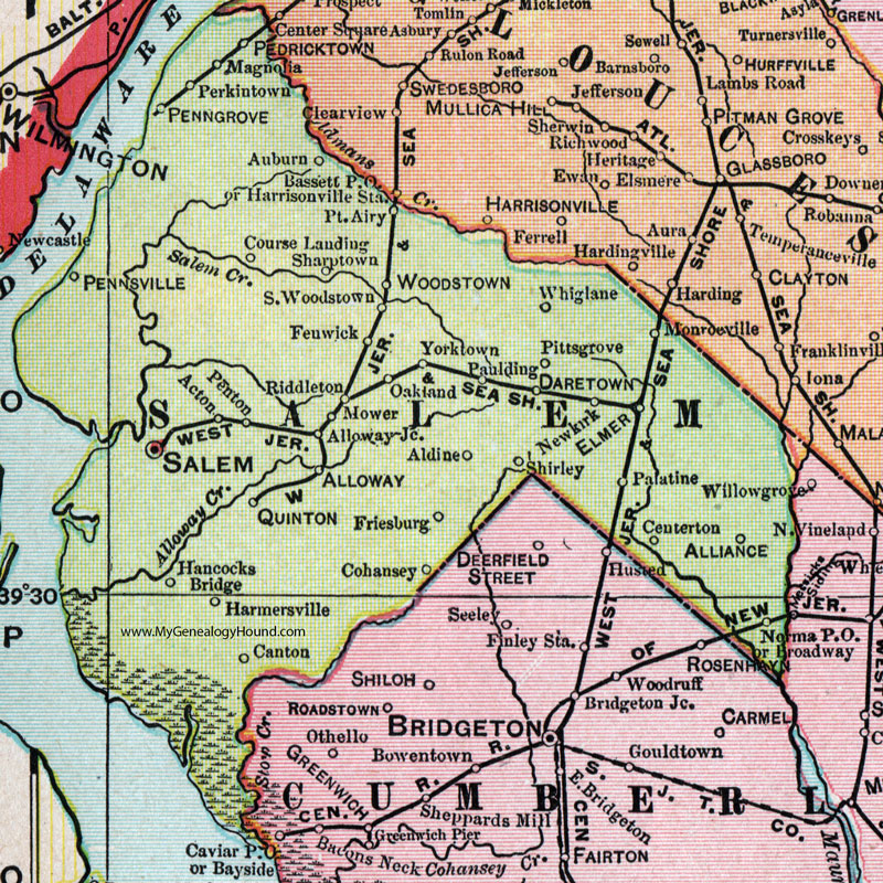 Salem County, New Jersey, 1905, Map, Cram, Pennsville, Penns Grove, Woodstown, Daretown, Elmer, Alliance, Quinton, Alloway, Sharptown, Fenwick