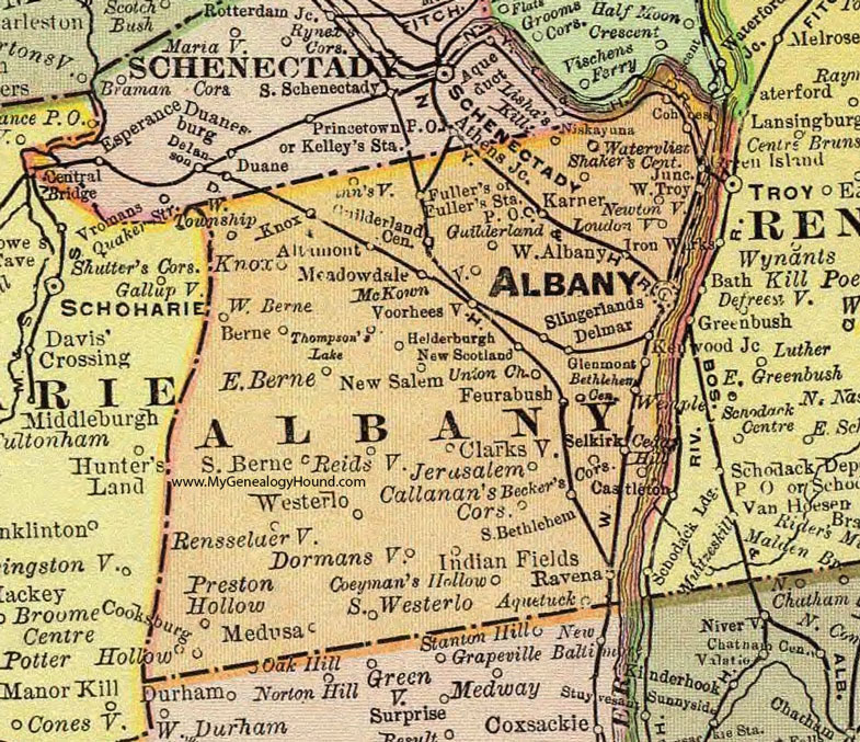 Albany County, New York 1897 Map by Rand McNally, Ravena, Delmar, Voorheesville, Loudonville, Watervliet, Cohoes, Guilderland, Altamont, Newtonville, Slingerlands, NY