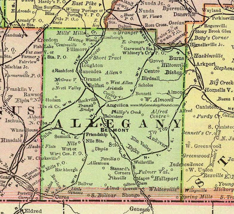 Allegany County, New York 1897 Map by Rand McNally, Belmont, Wellsville, Alfred, Cuba, Fillmore, Rushford, Friendship, Bolivar, Stannards, Belvidere,  NY