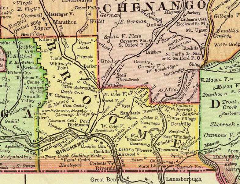 Broome County, New York 1897 Map by Rand McNally, Binghamton, Port Dickinson, Chenango Bridge, Whitney Point, Deposit, Windsor, Vestal, Glen Aubrey, Castle Creek, Port Crane, NY
