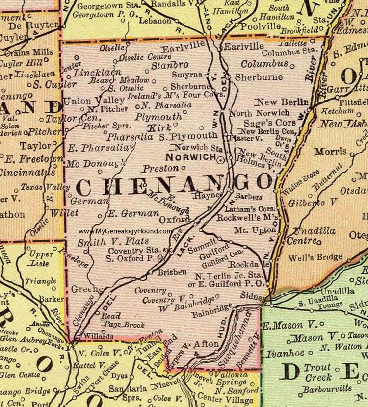 Chenango County, New York 1897 Map by Rand McNally, Norwich, Sherburne, New Berlin, Oxford, South Otselic, Greene, Bainbridge, Afton, South Plymouth, Smyrna, NY