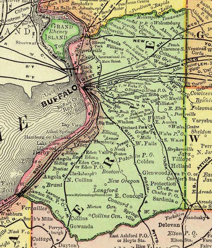 Erie County, New York 1897 Map by Rand McNally, Buffalo, Cheektowaga, West Seneca, Blasdell, Williamsville, Tonawanda, Harris Hill, Alden, Orchard Park, East Aurora, NY