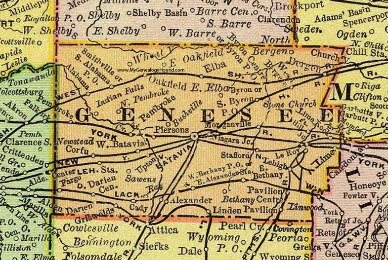 Genesee County, New York 1897 Map by Rand McNally, Batavia, Bergen, Le Roy, Alexander, Corfu, Oakfield, Elba, Stafford, Byron, Pavilion, NY