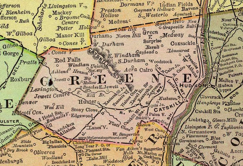 Greene County, New York 1897 Map by Rand McNally, Catskill, Hunter, Tannersville, Lexington, Prattsville, Oak Hill, Coxsackie, Woodstock, Cairo, Athens, NY