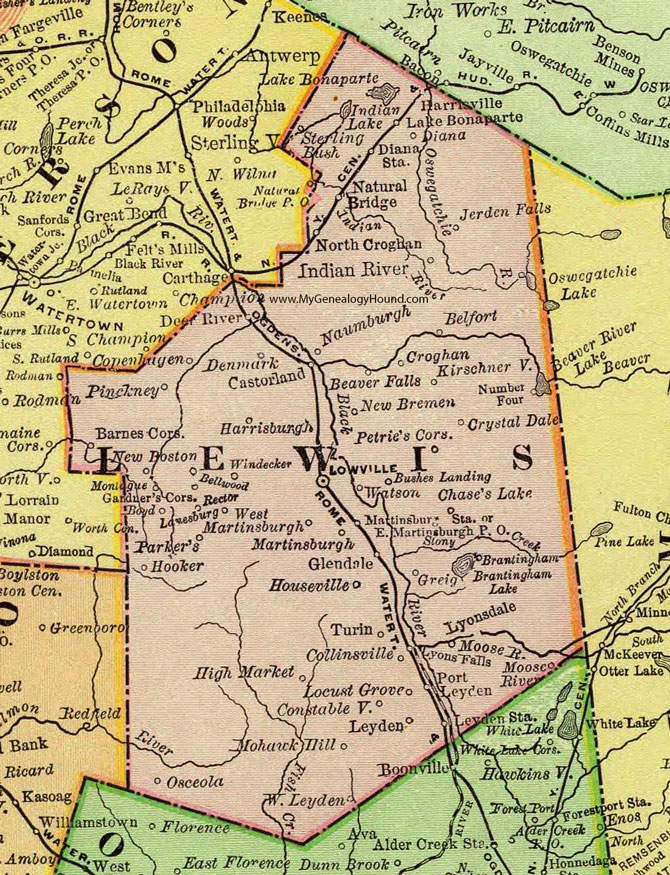 Lewis County, New York 1897 Map by Rand McNally, Lowville, Copenhagen, Croghan, Constableville, Castorland, Martinsburg, Denmark, Deer River, Beaver Falls, New Bremen, NY