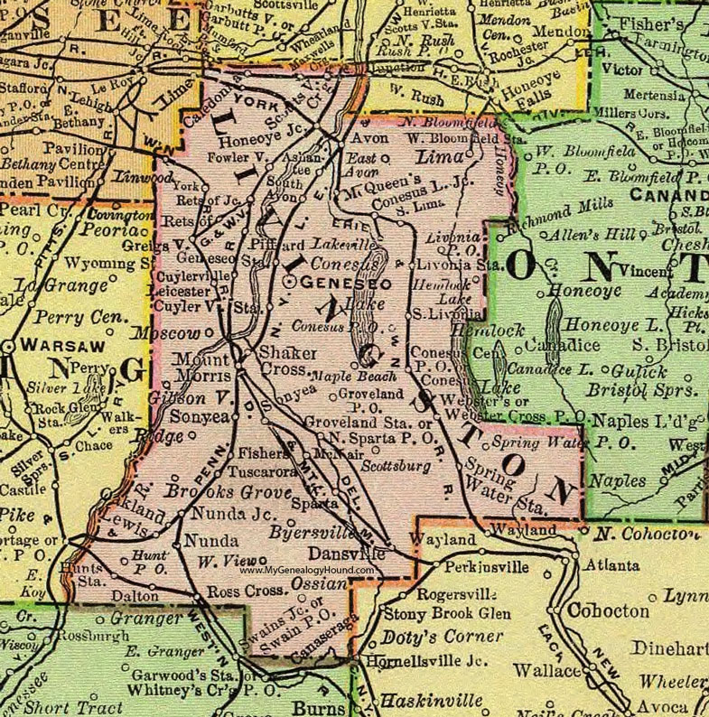 Livingston County, New York 1897 Map by Rand McNally, Geneseo, Avon, Lima, Mount Morris, Dansville, Nunda, Groveland, Scottsburg, Dalton, Livonia, NY
