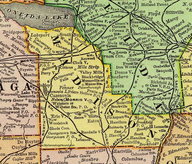 Madison County, New York 1897 Map by Rand McNally, Chittenango, Cazenovia, Canastota, Oneida, Wampsville, Morrisville, Hamilton, Leonardsville, Pratts Hollow, Hubbardsville, NY
