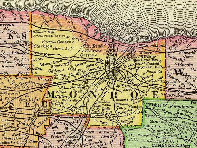 Monroe County, New York 1897 Map by Rand McNally, Rochester, Brockport, Greece, Spencerport, Webster, Pittsford, Fairport, Honeoye Falls, Henrietta, Penfield, NY