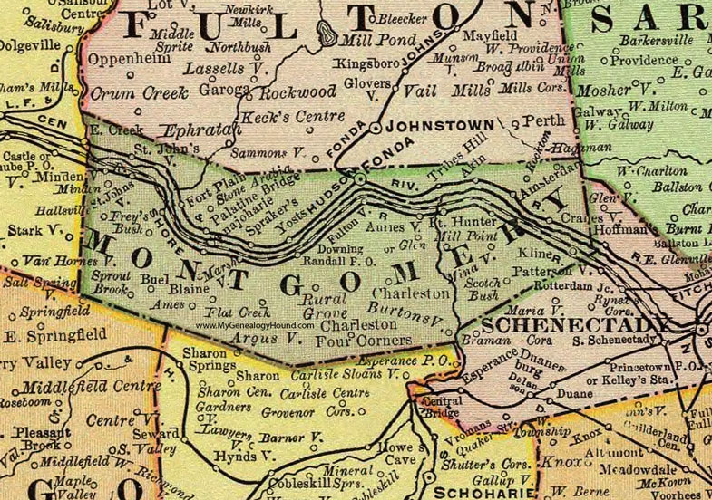 Montgomery County, New York 1897 Map by Rand McNally, Fonda, Amsterdam, Canajoharie, Fort Plain, St. Johnsville, Kline, Rockton, Akin, Tribes Hill, Ft. Hunter, NY