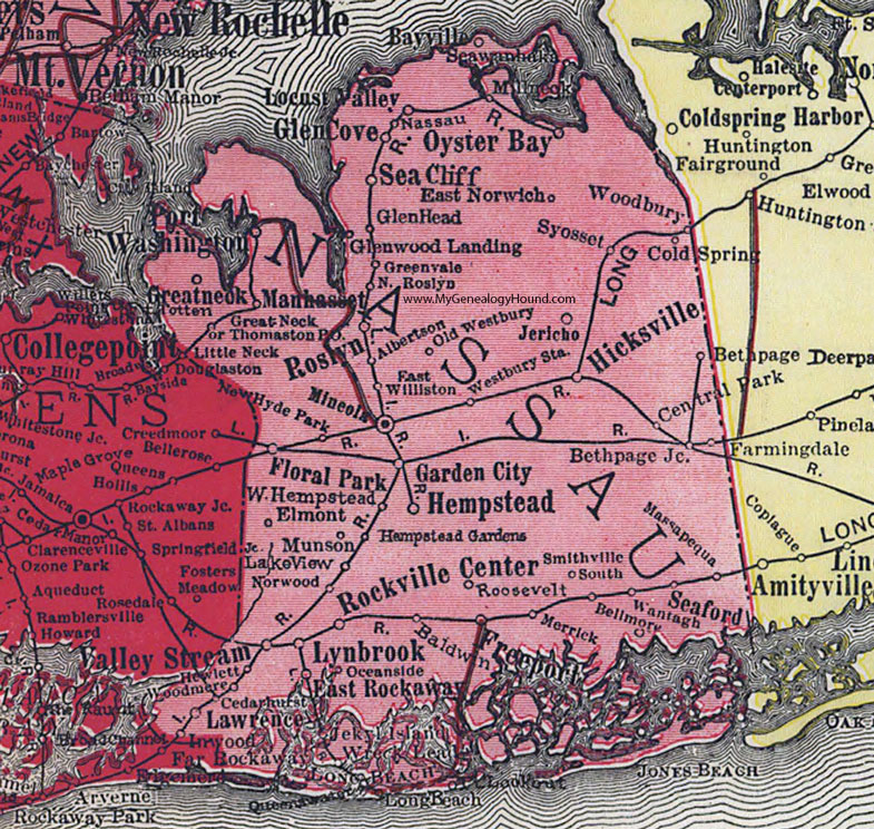 Nassau County, New York 1908 Map by Rand McNally, Hempstead, Mineola, Syosset, Woodbury, Massapequa, Oyster Bay, Freeport, Lynbrook, Cedarhurst, Woodmere, NY