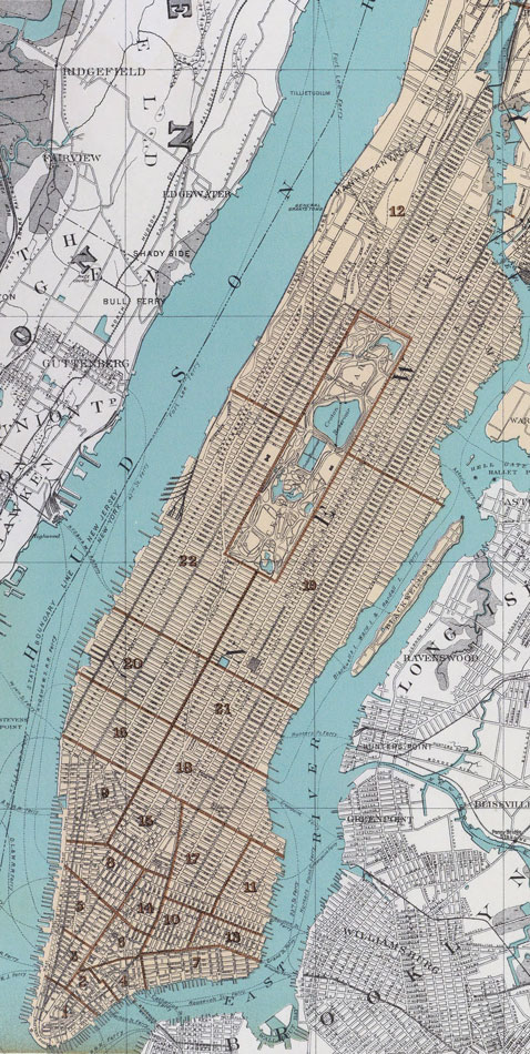 South section of New York County as it appeared in 1895. This is most of present day New York County and consists entirely of the City of Manhattan.