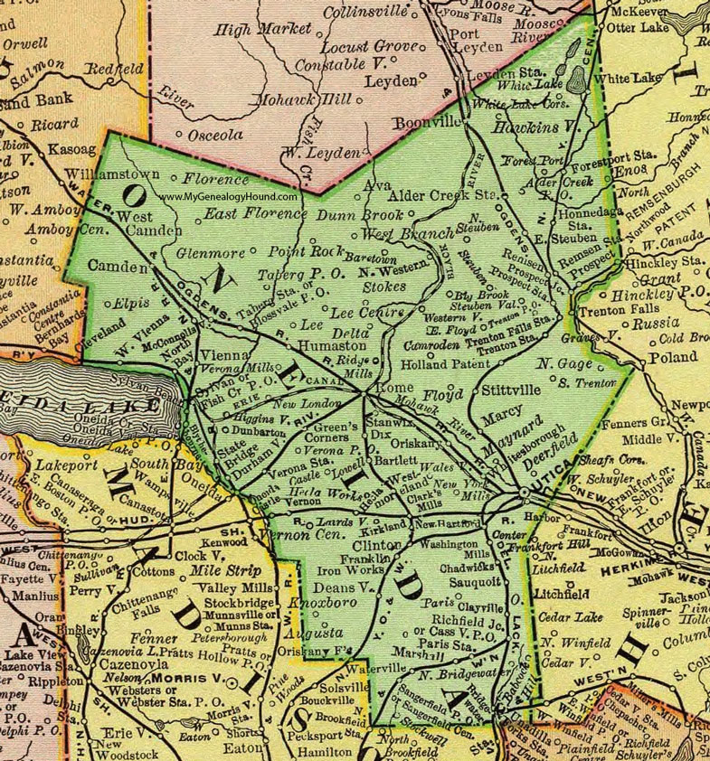 Oneida County, New York 1897 Map by Rand McNally, Utica, Rome, New Hartford, New York Mills, Whitesboro, Clinton, Vernon, Boonville, Rome, Camden, Prospect, NY