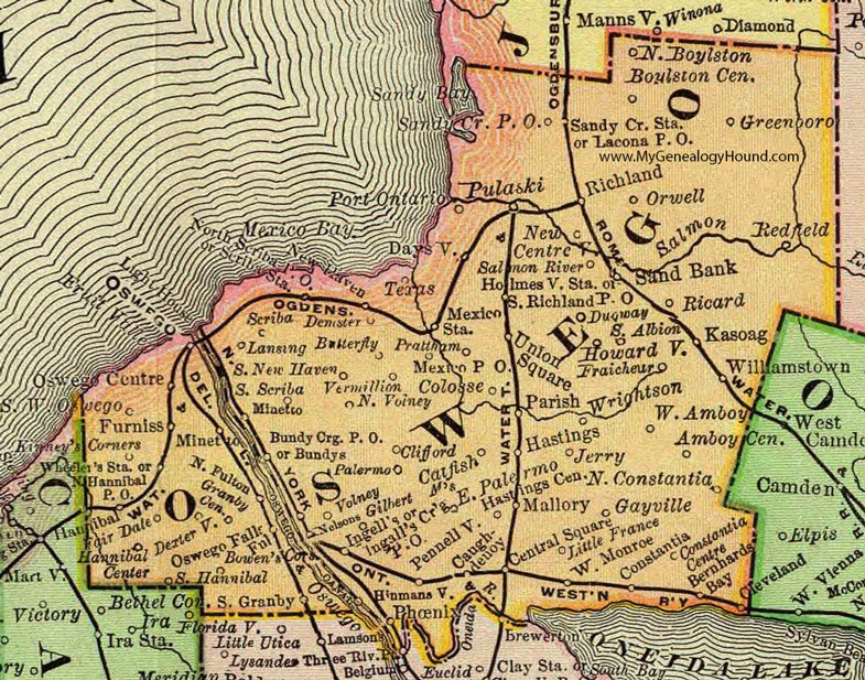 Oswego County, New York 1897 Map by Rand McNally, Fulton, Mexico, Pulaski, Redfield, Phoenix, Sandy Creek, Hastings, Williamstown, Richland, Hannibal, NY
