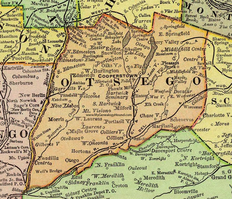 Otsego County, New York 1897 Map by Rand McNally, Cooperstown, Oneonta, Milford, Richfield Springs, Cherry Valley, Morris, Garrattsville, Otego, Schenevus, Worcester, NY