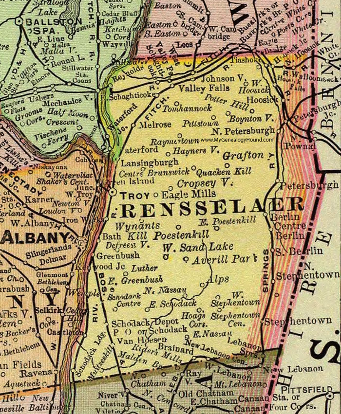 Rensselaer County, New York 1897 Map by Rand McNally, Troy, Wynantskill, West Sand Lake, East Greenbush, Castleton, Stephentown, Hoosick Falls, Schaghticoke, Valley Falls, Petersburg, NY